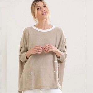 Mersea Catalina Sweater Taupe Knit Top with White Trim One Size
